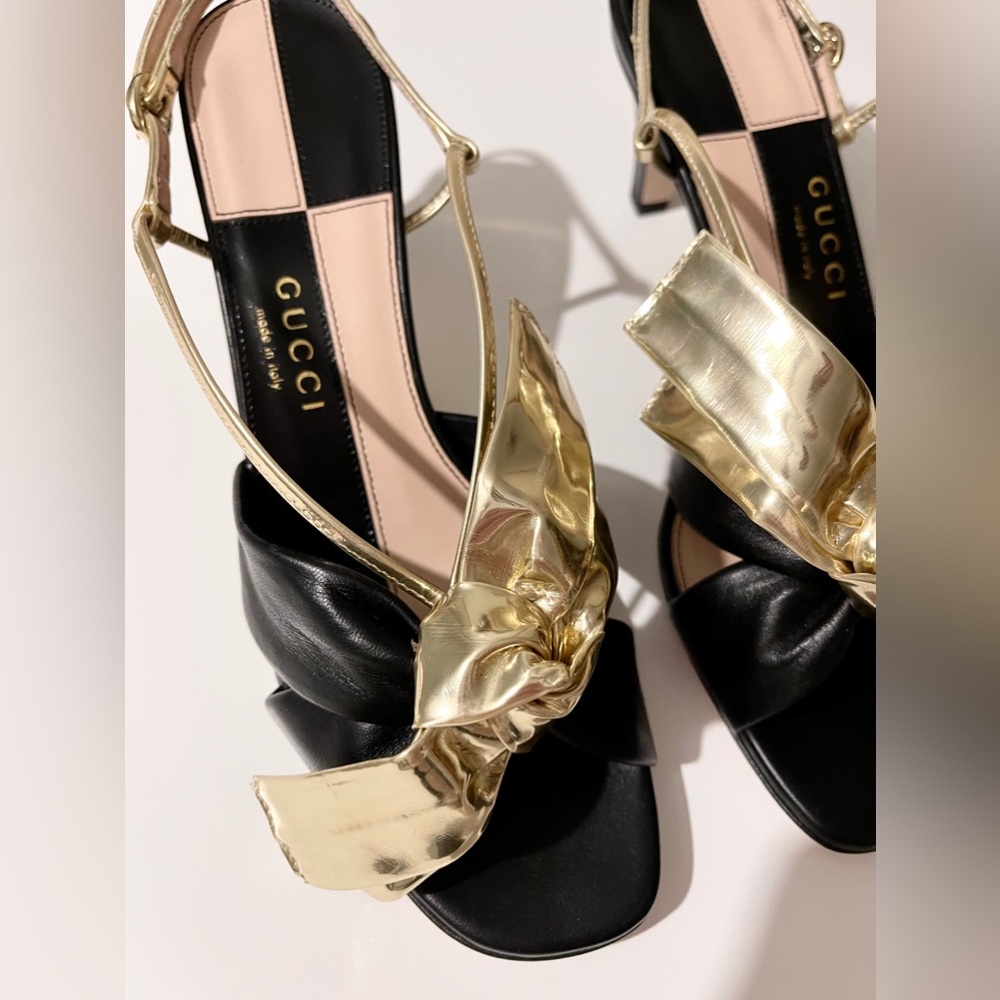 NEW, Authentic Gucci Slingback Kitten-Heel Sandals in Black and Gold - Picture 6 of 13